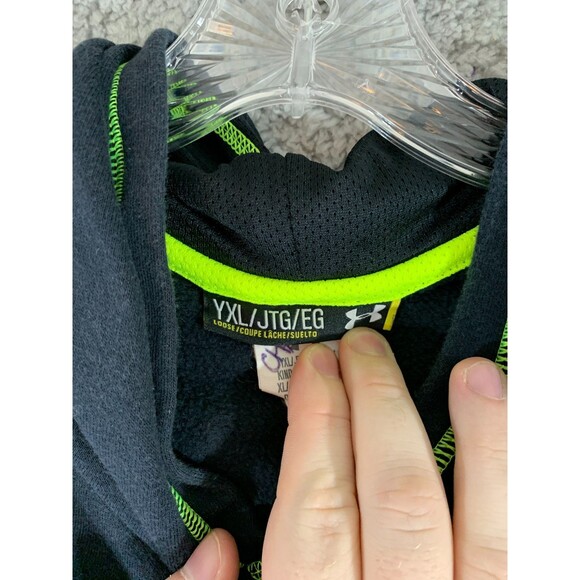 UnderArmor Youth Extra Large (XL) (YXL) Black Neon Green Pullover Hoodie Pockets - Picture 8 of 9